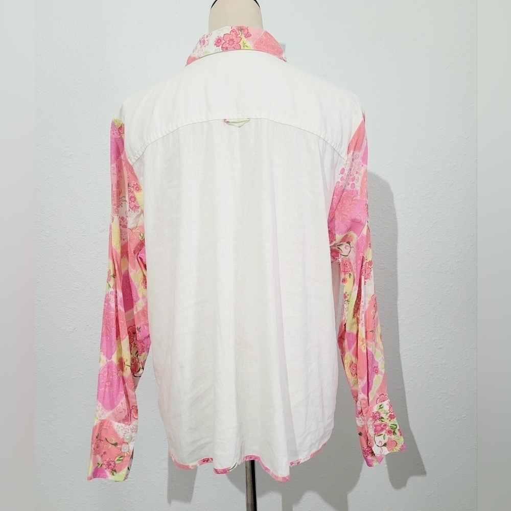 CJ Banks Vintage Women's Size 1X Linen Blend Button Front Shirt Floral Patchwork - Picture 5 of 13